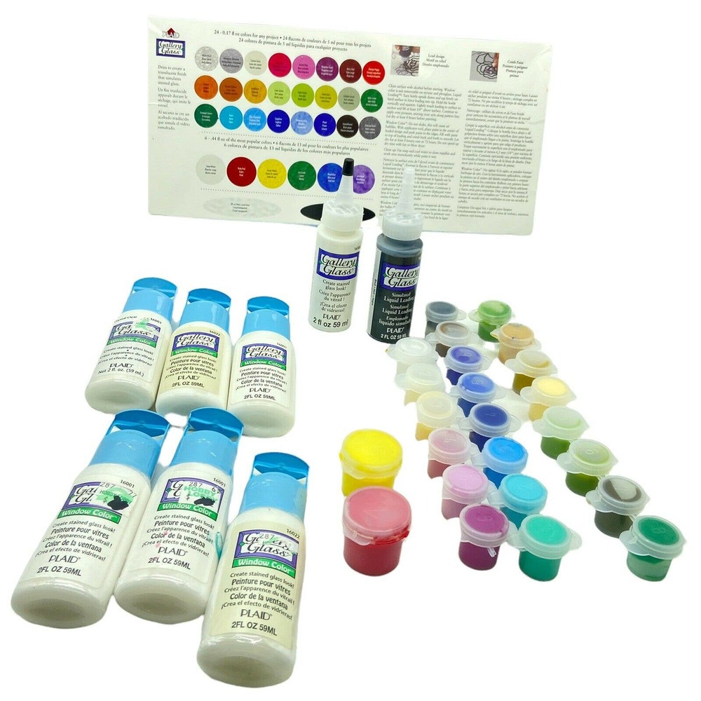 Lot of 32 Plaid Gallery Glass Window Color Paint plus Liquid Leading